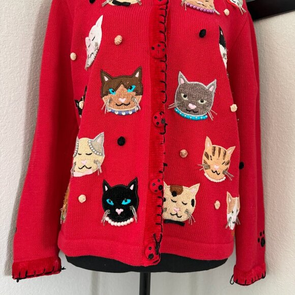 VINTAGE 80s Berek by Takako Sakon Red Cat Cardigan Sweater Medium - Picture 8 of 15